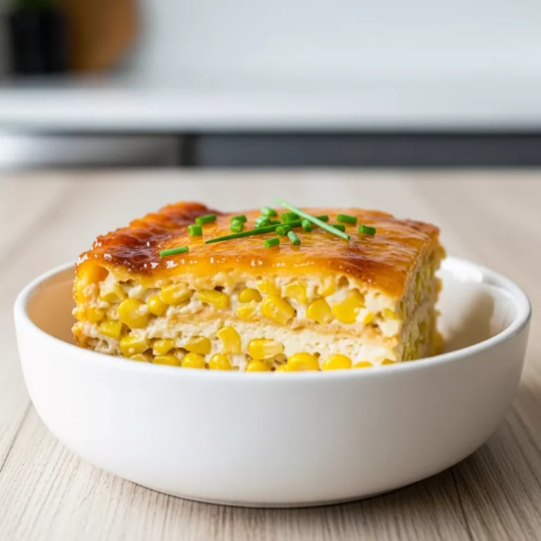 honey glazed corn casserole recipe A side-angle close-up of a slice of Sweet & Savory Honey-Glazed Corn Casserole in a white ceramic bowl, showing its creamy texture and golden top