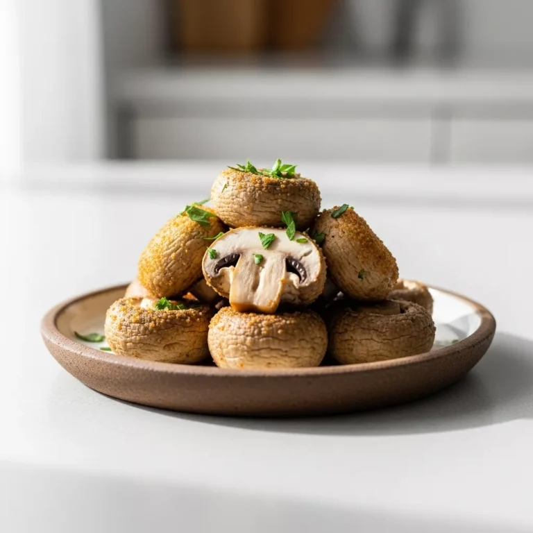A side-angle close-up of a serving of Zesty Air Fryer Ranch Mushrooms piled on a rustic ceramic plate, garnished with fresh parsley, highlighting their tender-crisp texture