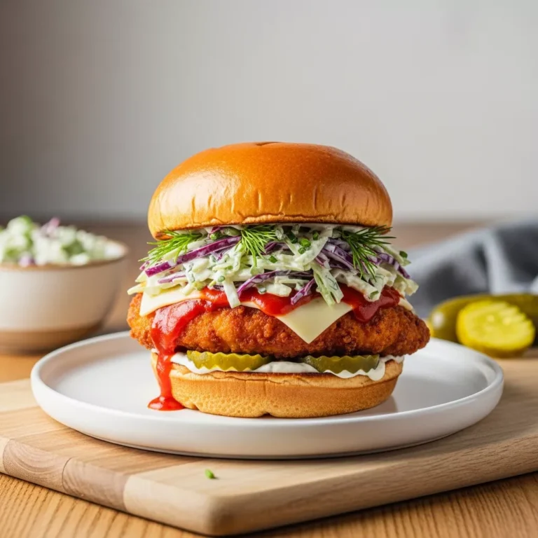 A close-up, side-angle shot of a fully assembled Ultimate Crispy Buffalo Chicken Sandwich on a white plate, highlighting the crispy buffalo chicken, zesty ranch slaw, and pickle slices