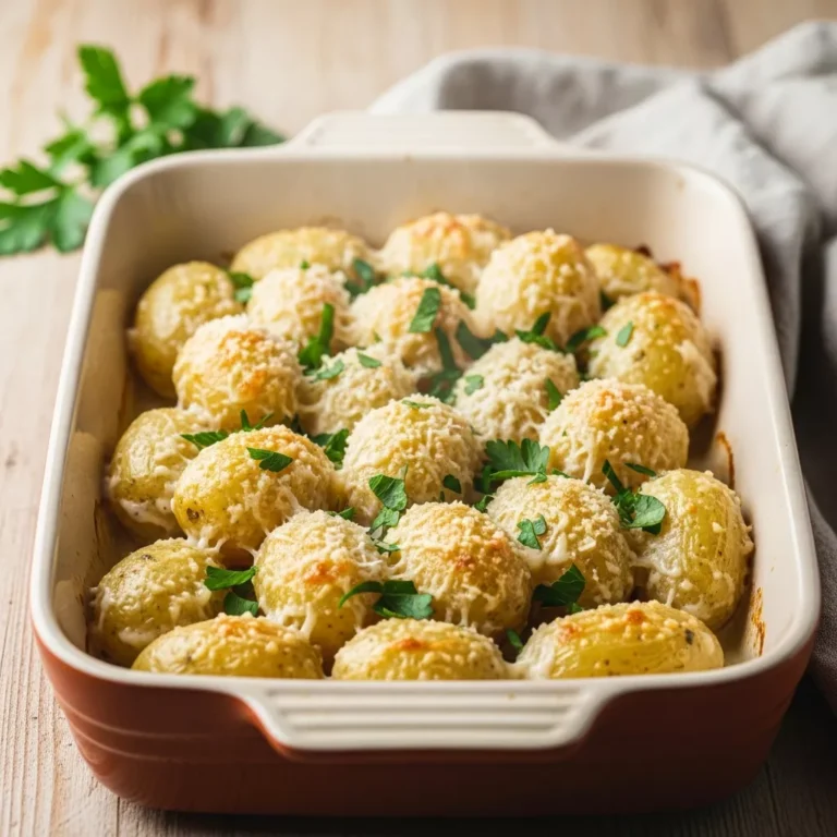 A close-up, side-angle shot of creamy garlic baby potatoes in a ceramic baking dish, topped with fresh parsley and Parmesan, showing the rich, bubbly sauce and tender potatoes