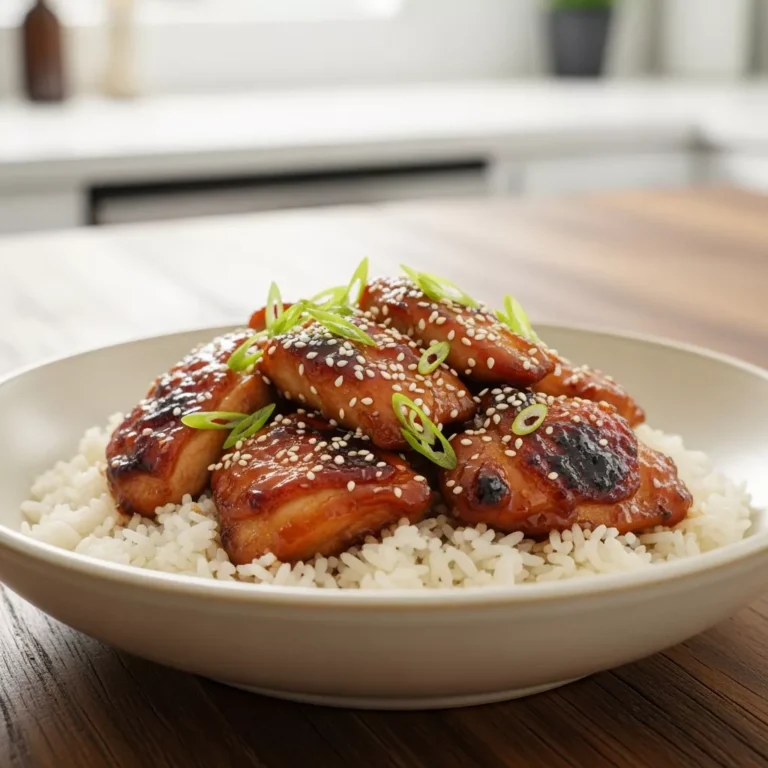 food court glazed chicken A macro close-up, side-angle view of Food Court Style Glazed Chicken served over white rice, garnished with green onions and sesame seeds, perfectly centered in a bowl on a rustic wooden counter. The chicken glistens with its signature sticky, dark amber glaze