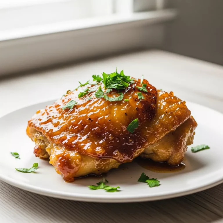 lemon honey chicken recipe A side-angle macro shot of a single Golden Lemon Honey Glazed Chicken thigh, showcasing its juicy texture and rich, sticky glaze, garnished with parsley