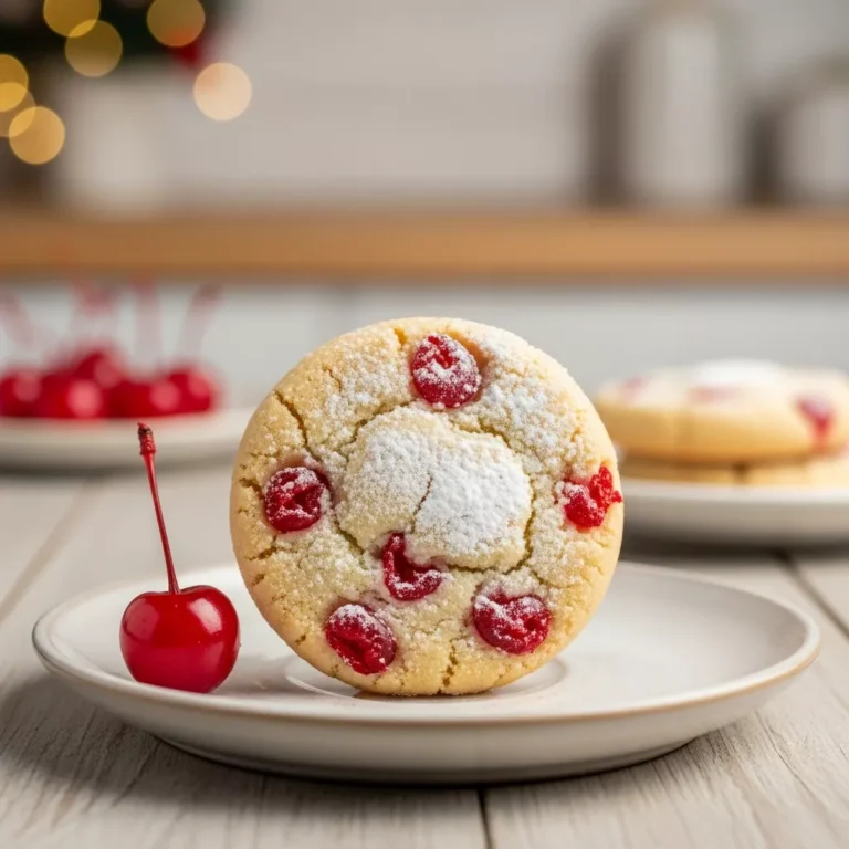 A close-up, side-angle shot of a single Christmas Maraschino Cherry Shortbread Cookie, dusted with powdered sugar, on a small plate with a whole cherry
