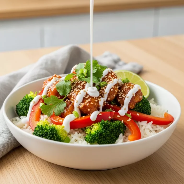 Side view close-up of a Sweet Chili Chicken Bowl, showing layers of chicken, rice, vegetables, and a creamy coconut-lime drizzle, garnished with cilantro and lime