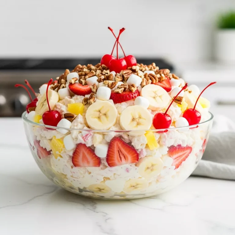 A side-angle, close-up shot of a Classic Banana Split Fluff Salad in a clear glass bowl, revealing its creamy layers of whipped topping, fruit, and marshmallows, topped with pecans and maraschino cherries