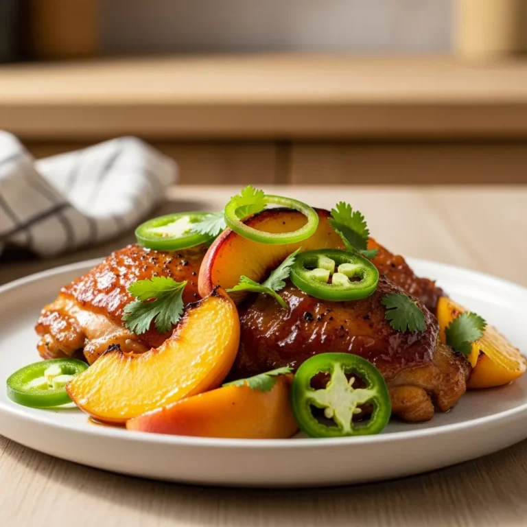 jalapeño peach chicken recipe Side view macro close-up of Spicy Sweet Jalapeño Peach Chicken with caramelized peaches, jalapeños, and cilantro on a light plate