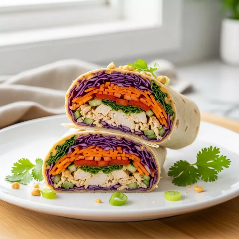 thai peanut chicken wrap recipe Side view macro close-up of a freshly prepared Jimmy John's Copycat Thai Peanut Chicken Wrap, sliced diagonally, garnished with roasted peanuts and cilantro, highlighting the rich texture and colorful layers of chicken and crisp vegetables