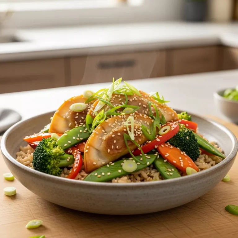 potsticker stir fry recipe Side view of One-Pan Potsticker Stir Fry with rice in a ceramic bowl