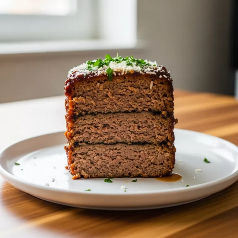 garlic parmesan meatloaf recipe A close-up side view of a generous slice of Ultimate Garlic Parmesan Meatloaf on a white plate, revealing its moist texture, rich glaze, and fresh herb garnish, perfectly cooked