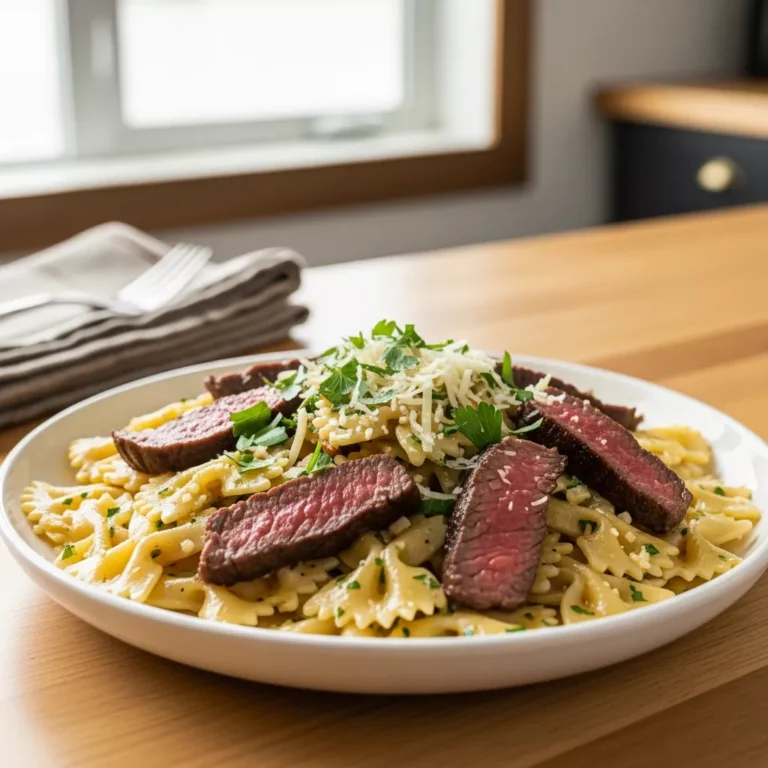 A close-up, perfectly centered vertical shot of garlic butter beef bowtie pasta in a white bowl, garnished with fresh parsley and Parmesan cheese, viewed from a side angle on a rustic wooden table