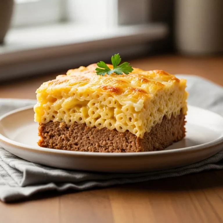 mac and cheese meatloaf casserole recipe Side view of Ultimate Mac and Cheese Meatloaf Casserole, golden-brown and bubbly, served on a cream plate