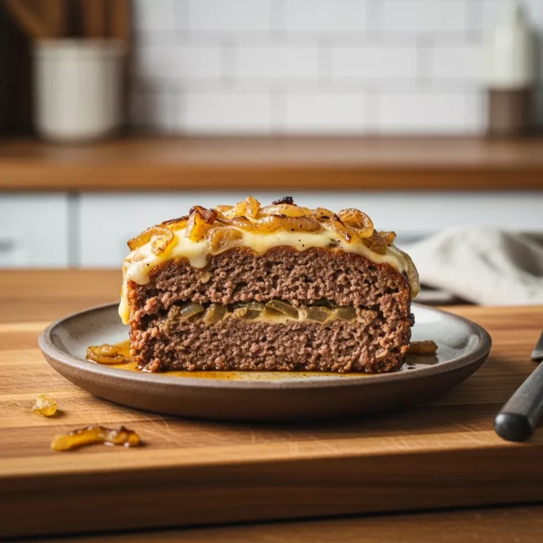 philly cheesesteak meatloaf recipe Close-up side view of a thick slice of Philly Cheesesteak Meatloaf, with melted provolone and caramelized onions, showing the moist interior