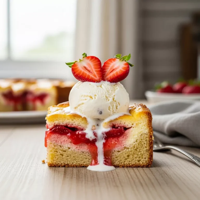 A side-angle macro shot of a warm slice of strawberry cheesecake dump cake with melting vanilla ice cream and fresh strawberries