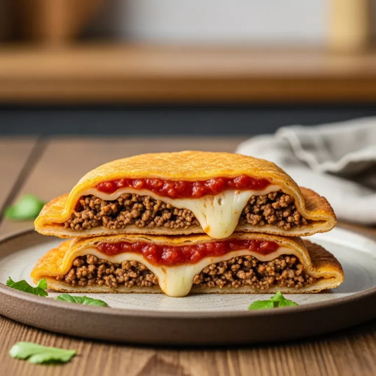 spicy crispy taco pockets A side-angle macro shot of a spicy crispy taco pocket cut in half, revealing the savory beef and melted cheese filling