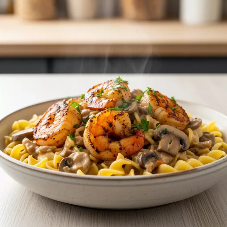 A close-up, side-angle shot of a steaming bowl of Blackened Shrimp Stroganoff, showcasing the creamy sauce, tender egg noodles, and perfectly cooked blackened shrimp, garnished with fresh parsley