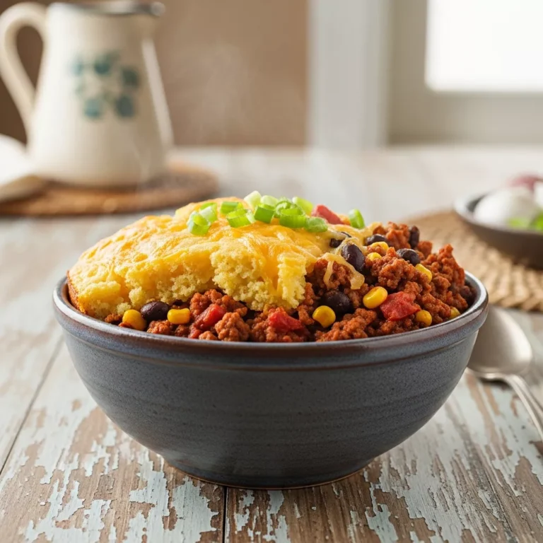 southern cornbread casserole recipe A close-up, side-angle shot of a Hearty Southern Loaded Cornbread Casserole slice in a rustic bowl, garnished with green onions, showing the distinct layers of cornbread and savory filling