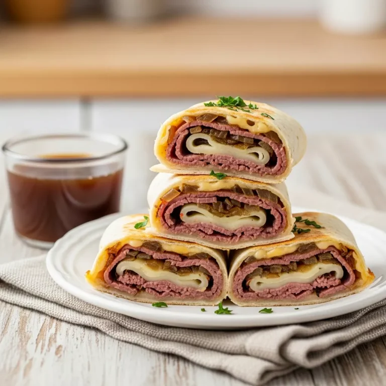 french dip tortilla roll ups Stacked French Dip Tortilla Roll-Ups, sliced to show the savory filling, served with a ramekin of au jus