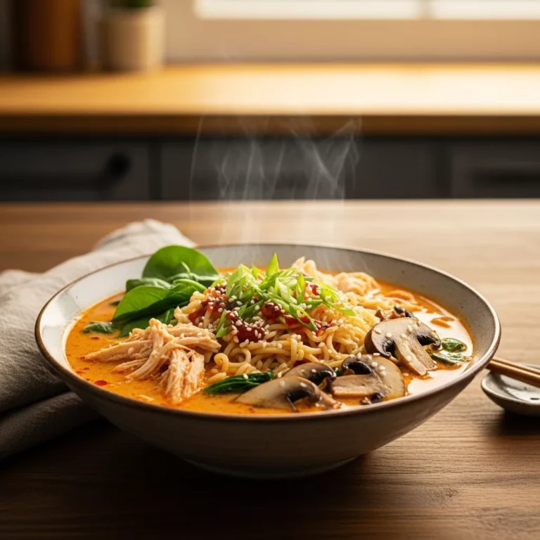 A side-angle macro shot of a steaming bowl of spicy creamy chicken ramen, garnished with green onions and sesame seeds, on a rustic kitchen counter