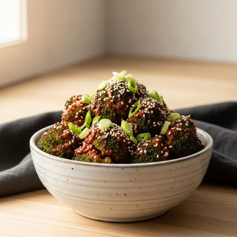 easy gochujang broccoli A side-angle close-up of glossy, roasted spicy gochujang broccoli in a white ceramic bowl, garnished with sesame seeds and green onions
