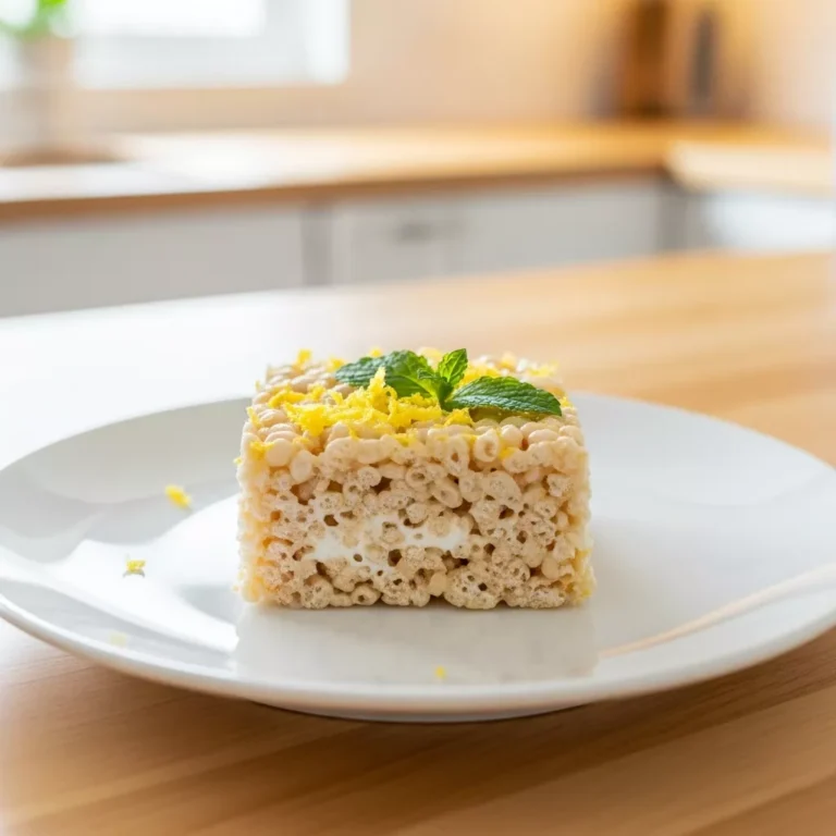 zesty lemon rice krispy treats A close-up, side-angle shot of a perfectly cut Zesty Lemon Rice Krispy Treat square, garnished with fresh lemon zest and a mint sprig, on a white plate