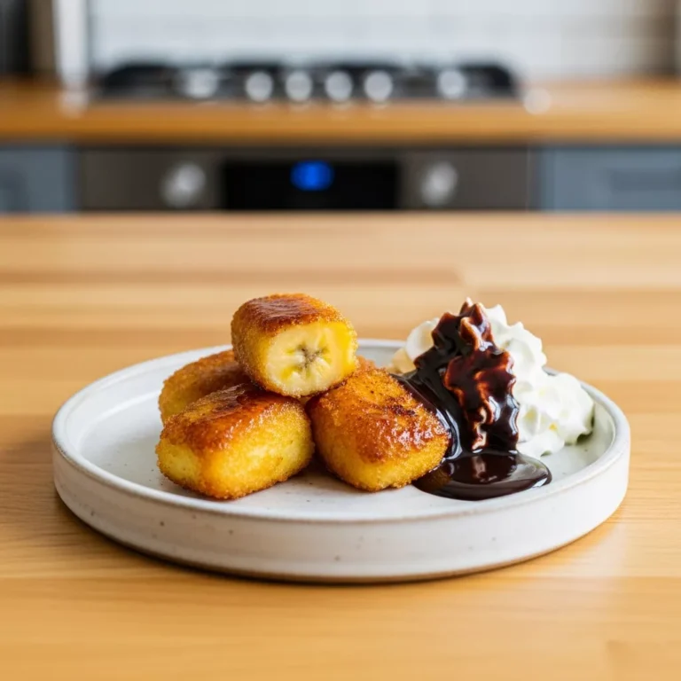 air fryer banana treats A side-angle close-up of crispy air fryer banana bites with chocolate sauce and whipped cream on an off-white plate, on a wood counter