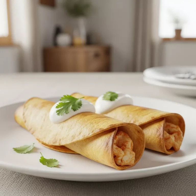 Side view of crispy oven-baked chicken taquitos with toppings