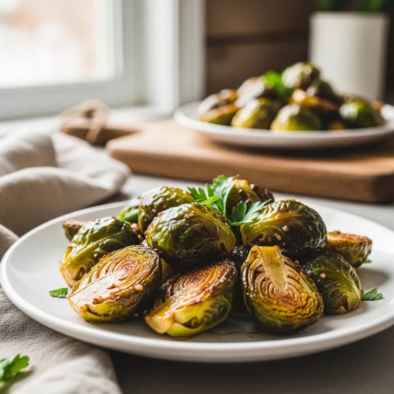 Crispy Honey Balsamic Brussels Sprouts on a white plate