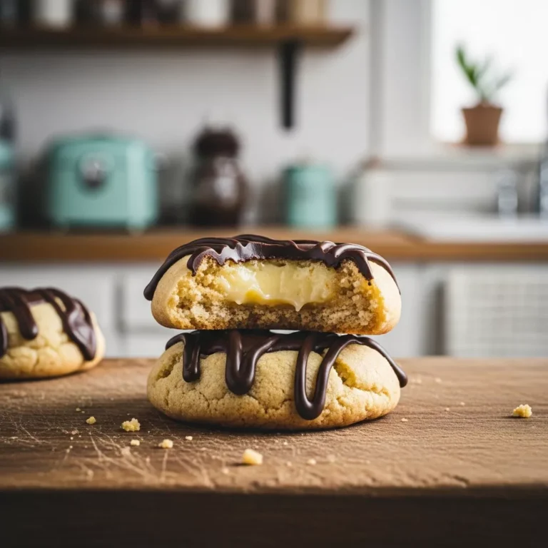 Boston Cream Pie Cookies on a wooden board