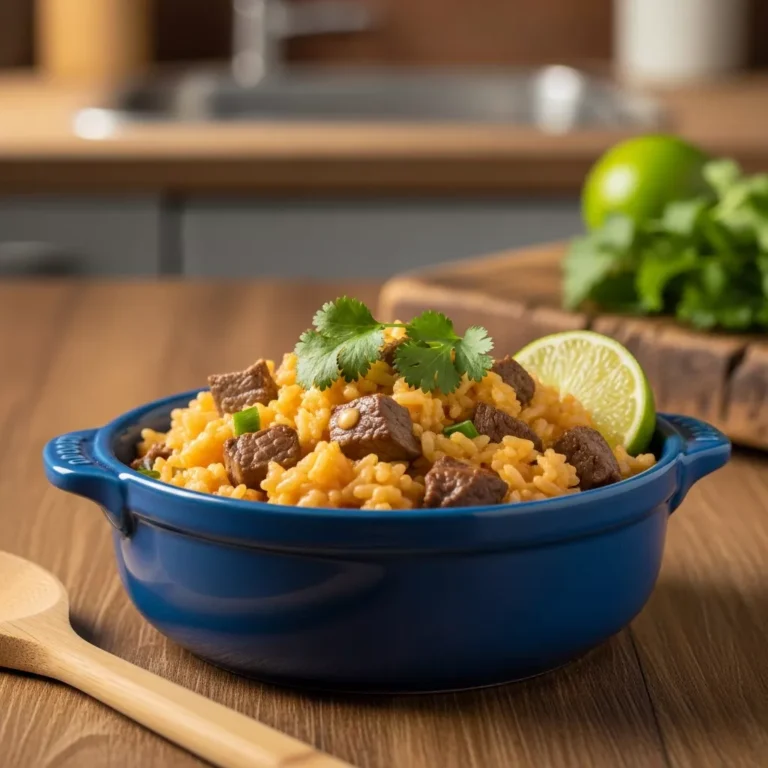 Side view of steak queso rice in a blue bowl
