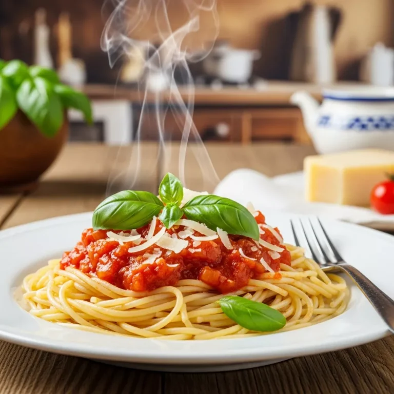 Plate of old-world spaghetti sauce with spaghetti, basil, and Parmesan cheese