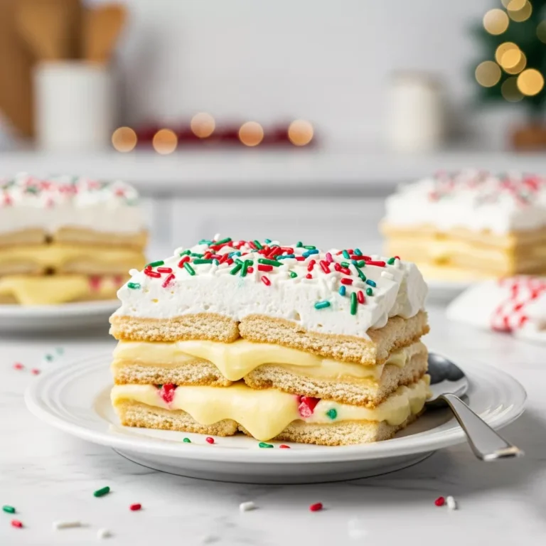 A slice of christmas cookie lasagna on a plate, ready to be served