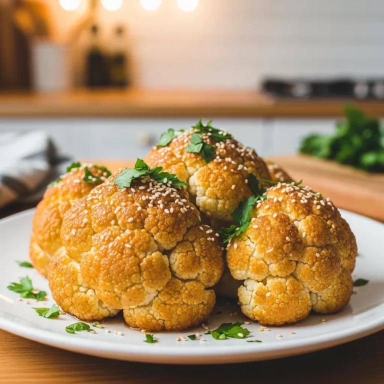 Side view of tahini honey cauliflower on a plate