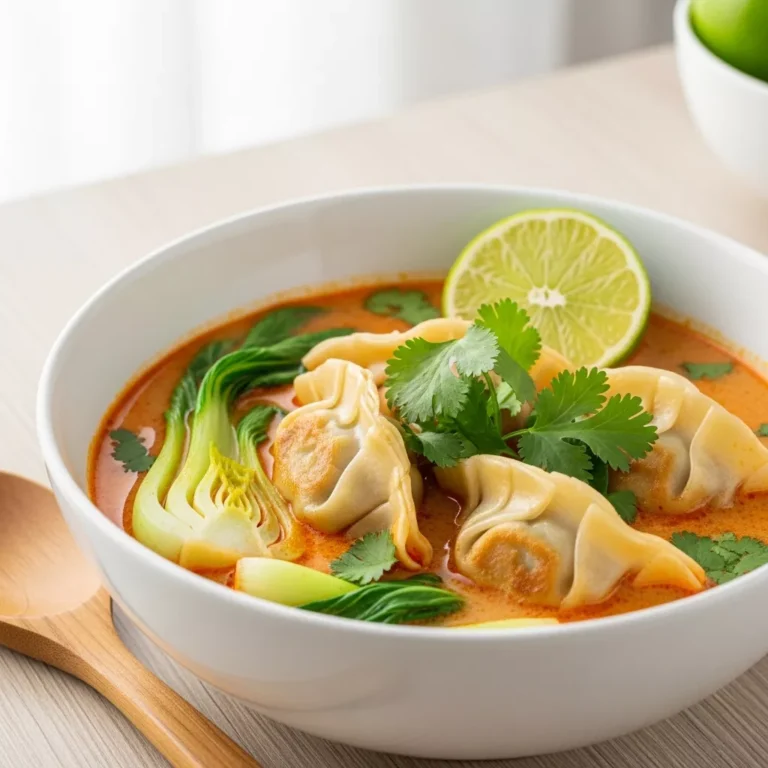 Close-up of Red Curry Pot Sticker Soup