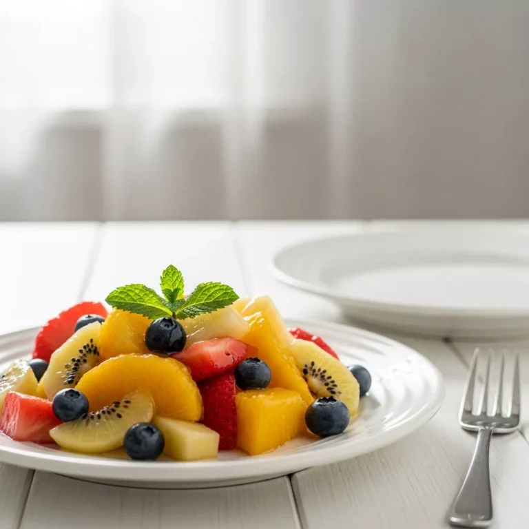 Winter Fruit Salad with Honey-Lime Dressing served on a white plate