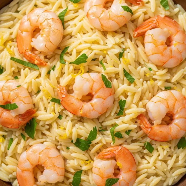 Recipe Card for Creamy Lemon Garlic Shrimp Orzo