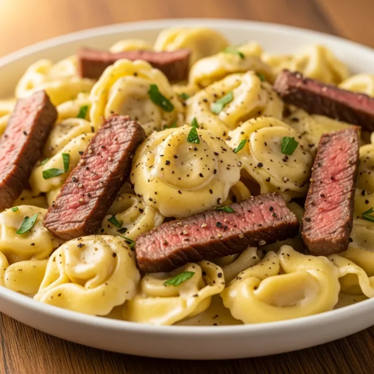 steak tortellini cream sauce Cracked Garlic Steak Tortellini in Creamhouse Sauce recipe card