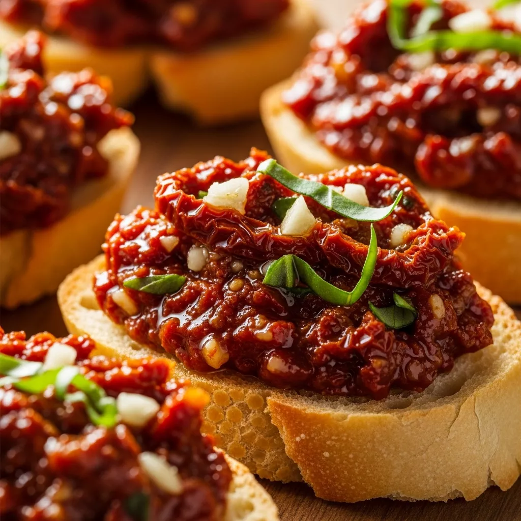 Sun Dried Tomato Dip: Sunshine Sun-Dried Tomato Dip on baguette slices
