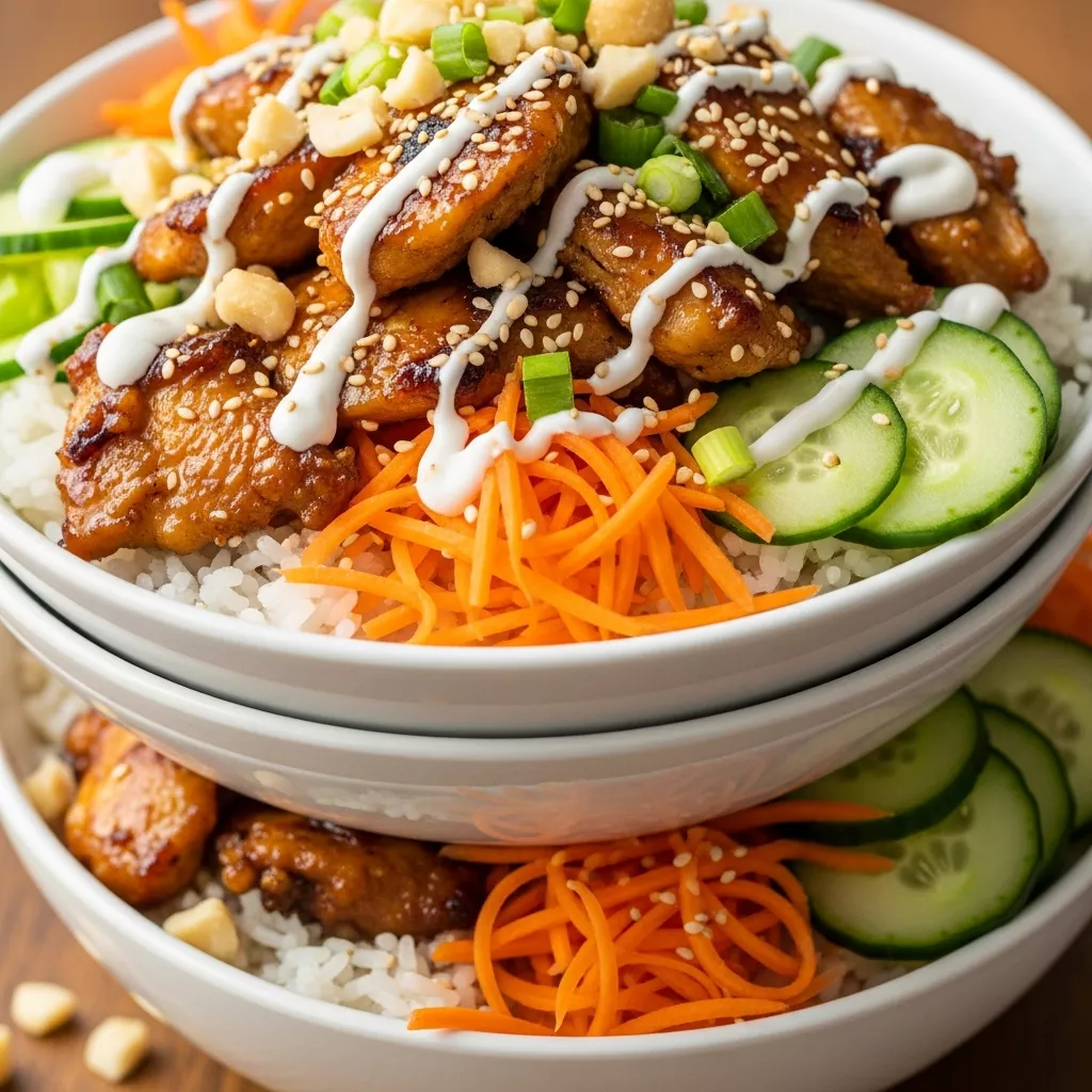 Huli Huli Chicken Bowls: Stacked Huli Huli Chicken Rice Bowls