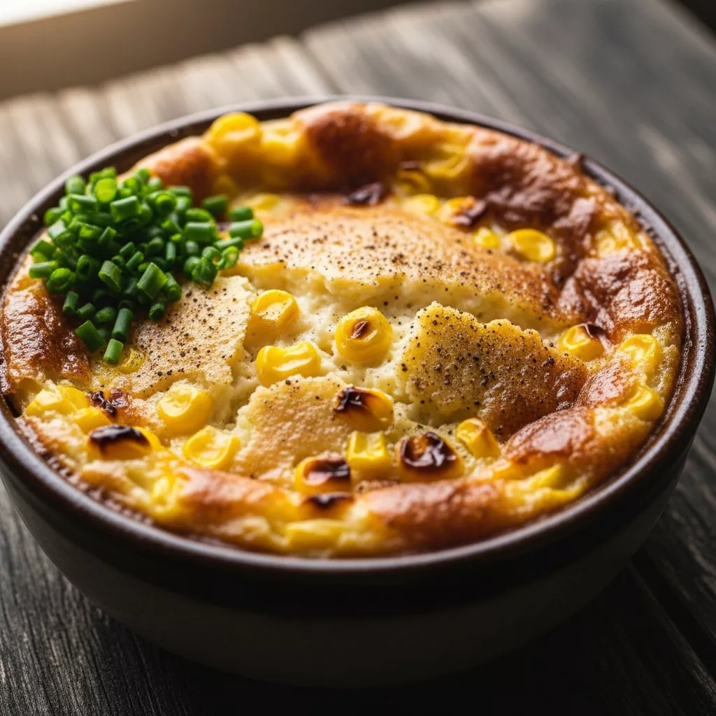 Close-up of Nantucket Corn Pudding with fresh corn and creamy custard