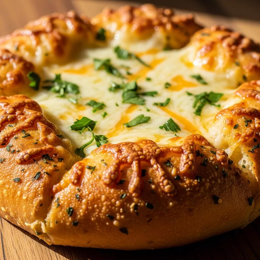Easy Cheesy Bread Recipe: Close-up of homemade cheesy garlic bread with melted cheese and parsley garnish