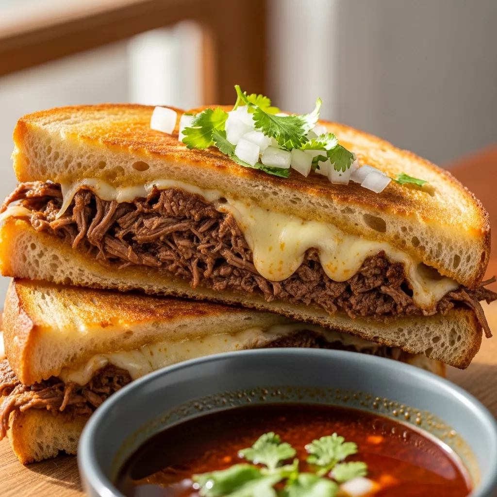 Ultimate Birria Grilled Cheese sandwich with consommé