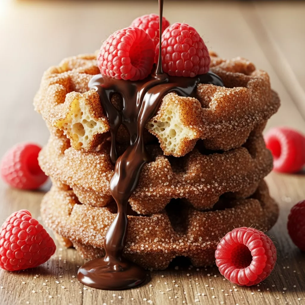 Churro Waffles Recipe: Crispy Golden Churro Waffles with chocolate sauce and raspberries