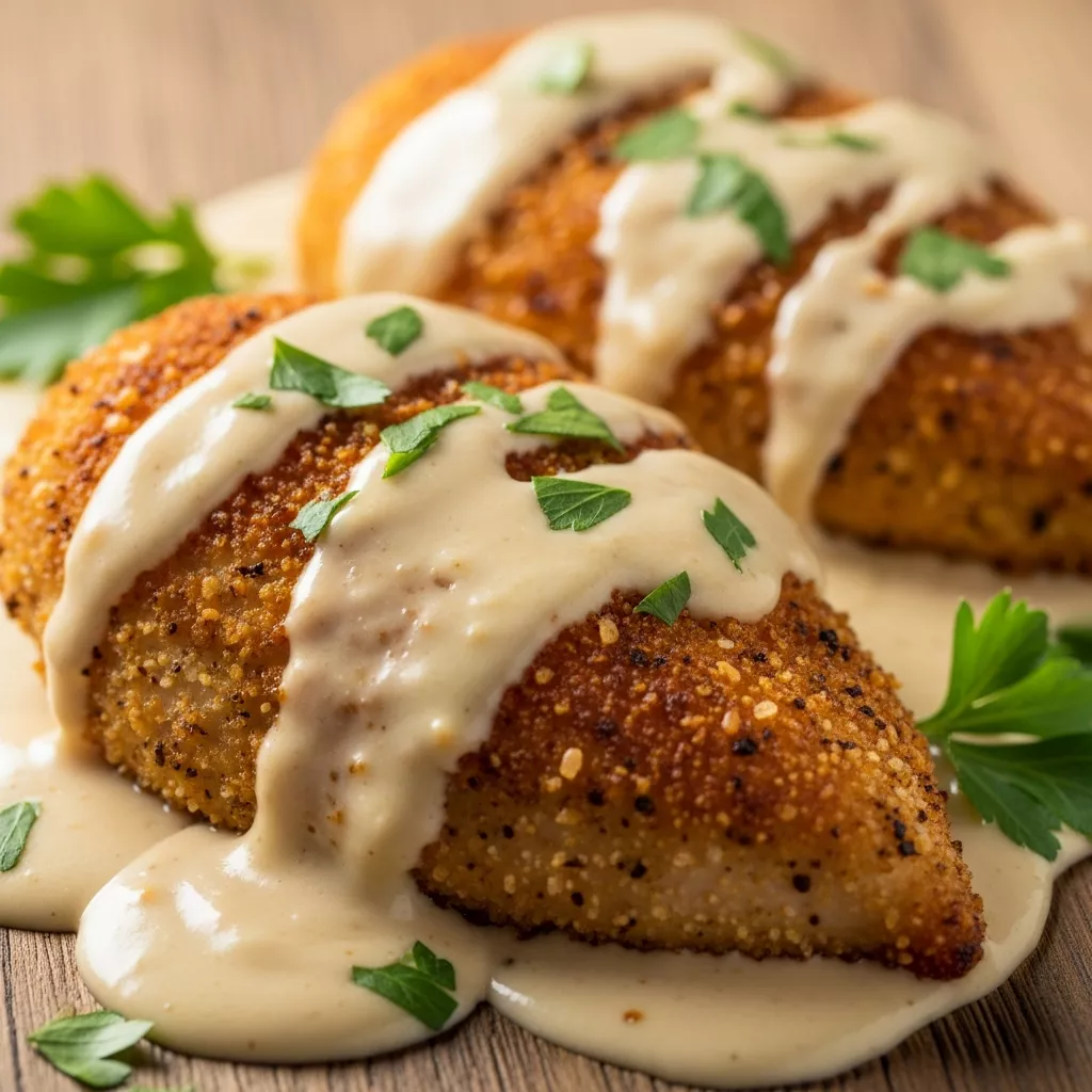 Creamy Parmesan Crusted Chicken with Garlic Sauce