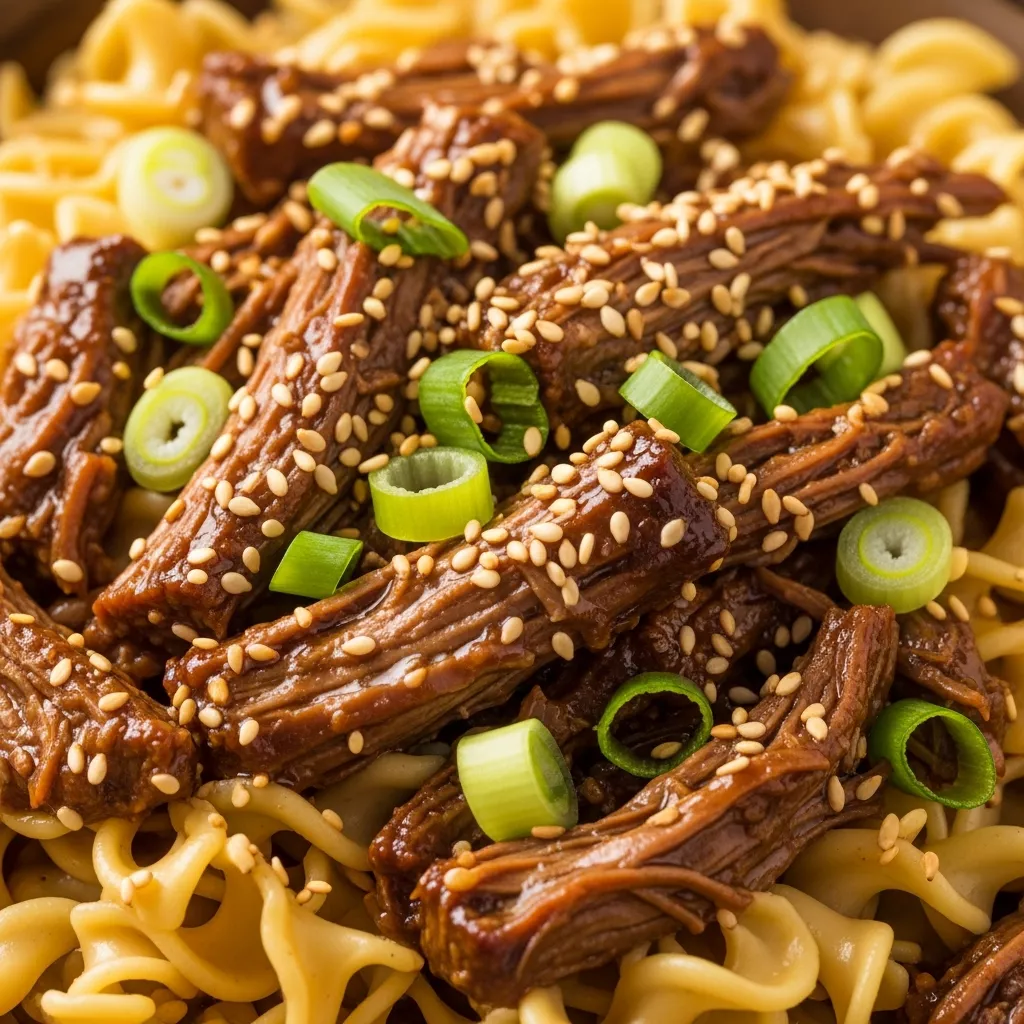 Cozy Slow Cooker Korean Beef Noodles close-up