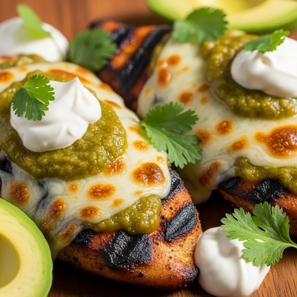 Grilled Salsa Verde Chicken with Pepper Jack, close-up hero shot