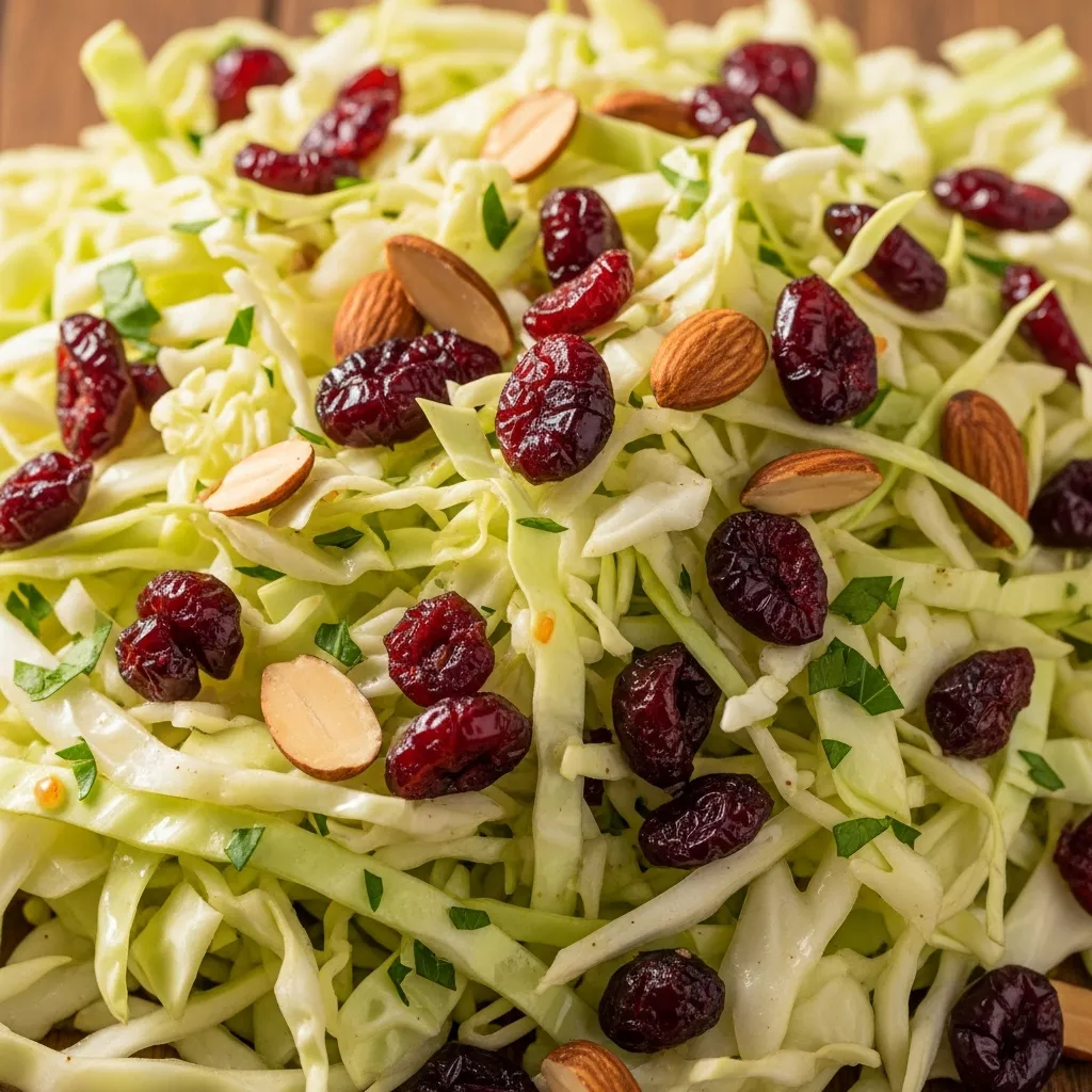 Close-up of crunchy cranberry almond slaw