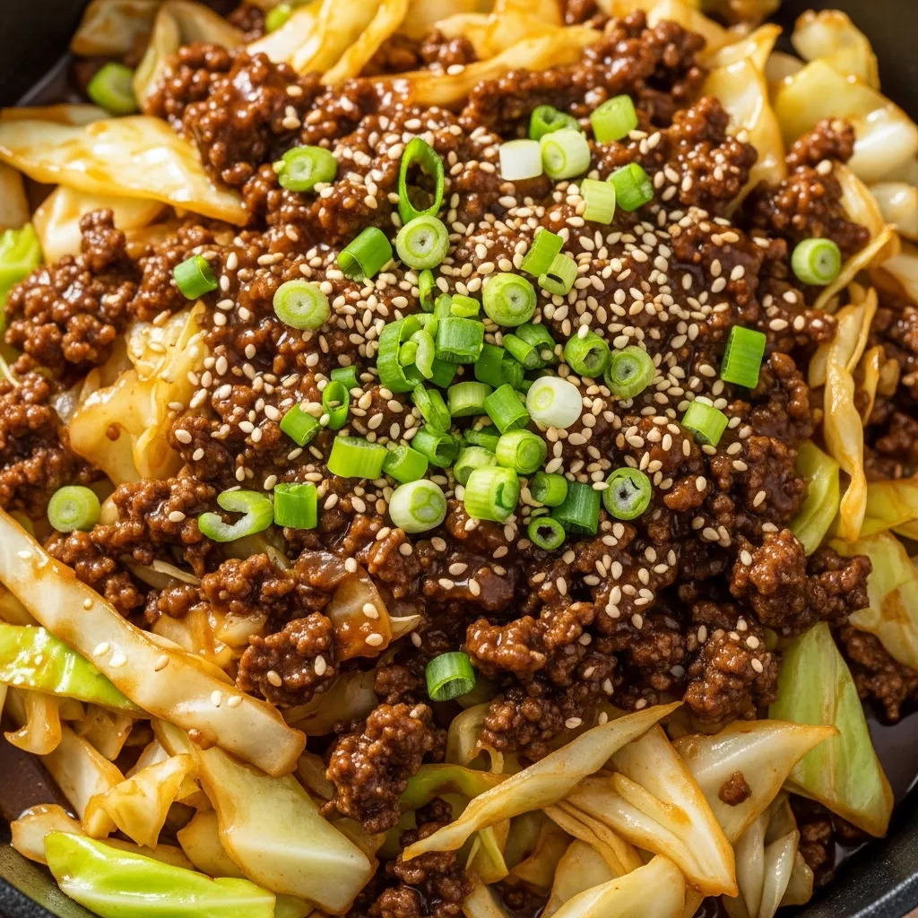 Low Carb Mongolian Beef: Savory Low-Carb Mongolian Beef and Cabbage Skillet close-up