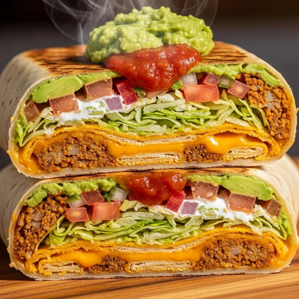 Macro close-up of a golden-brown, crispy Ultimate Vegan Crunchwrap Supreme, sliced to show layers of vegan crumble, nacho cheese, lettuce, tomatoes, and guacamole