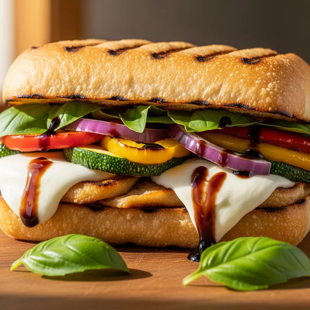 Grilled Veggie Mozzarella Sandwiches: Grilled Veggie Mozzarella Melt sandwich with charred vegetables, creamy mozzarella, and balsamic glaze
