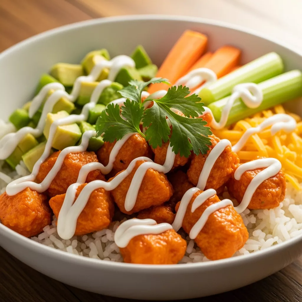 Spicy Buffalo Chicken Bowls, close up of vibrant orange chicken and creamy avocado